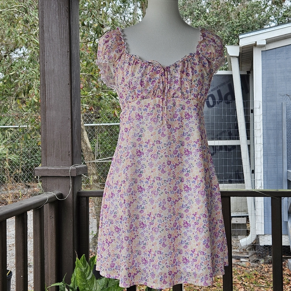 Arizona Jean Co Floral Mini Dress Size L Cottagecore Milkmaid Babydoll